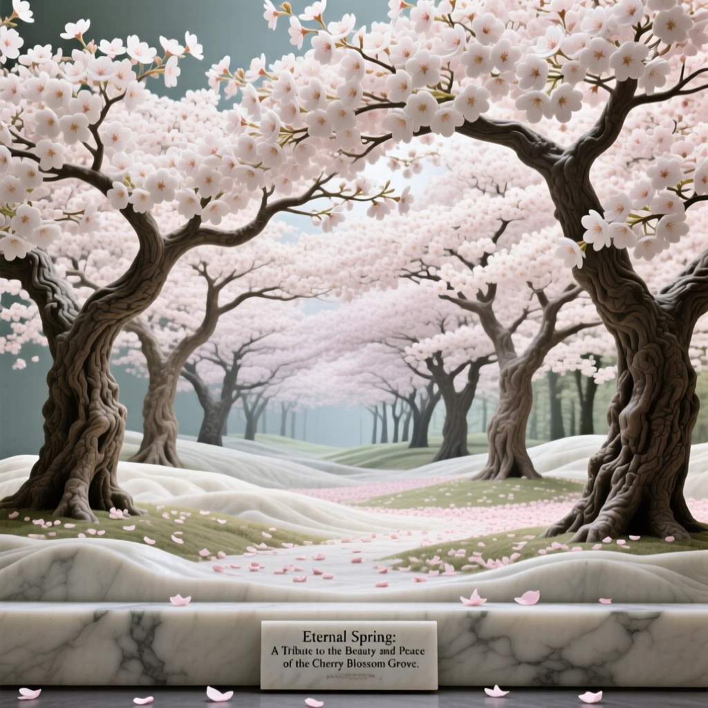 A breathtaking view of a cherry blossom grove in full bloom, rich with color and atmosphere, evoking peace and wonder