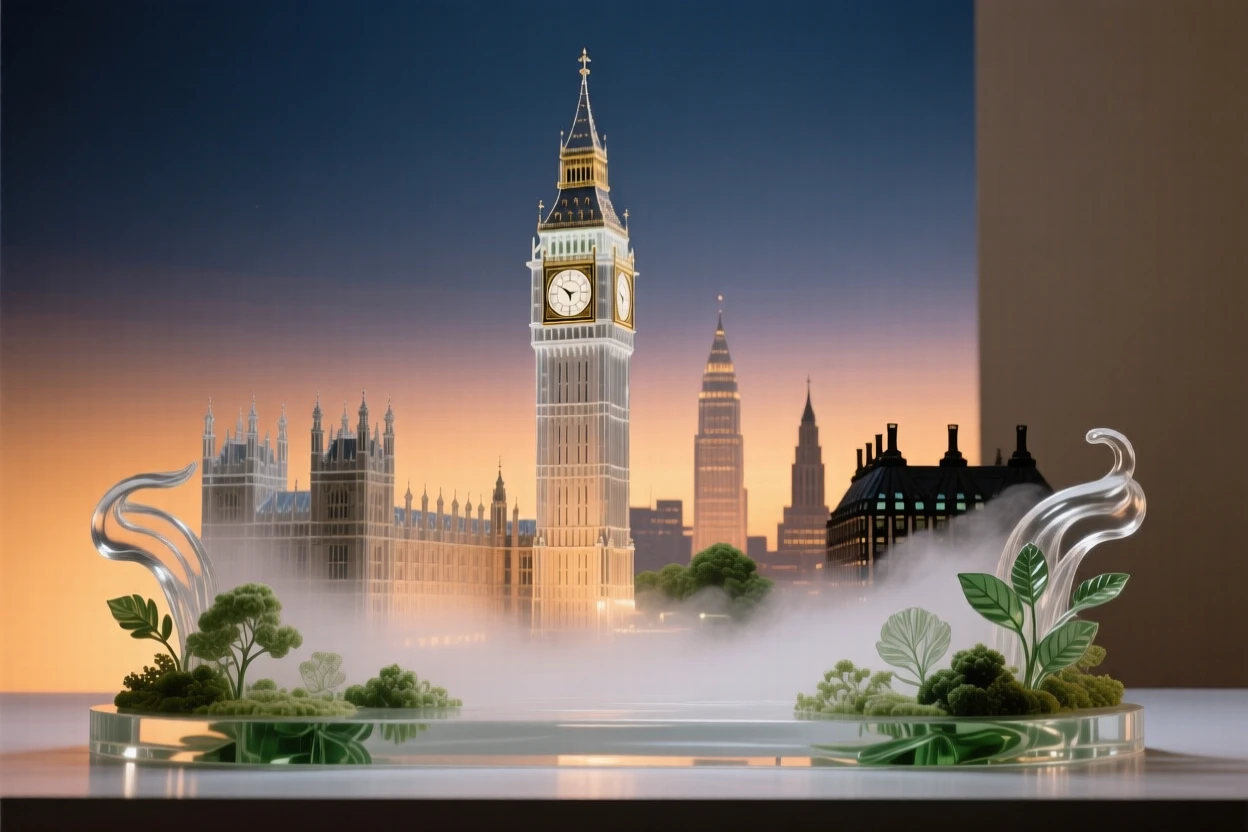 Big Ben and the London skyline at twilight surrounded by lush greenery and soft morning mist, wide establishing composition, feeling serene and majestic.