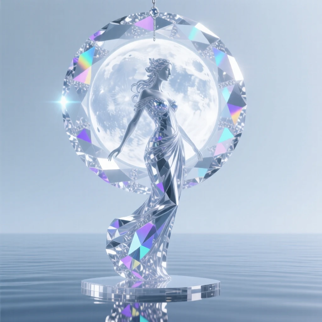 A moon goddess descending from a glowing lunar portal above a tranquil lake.