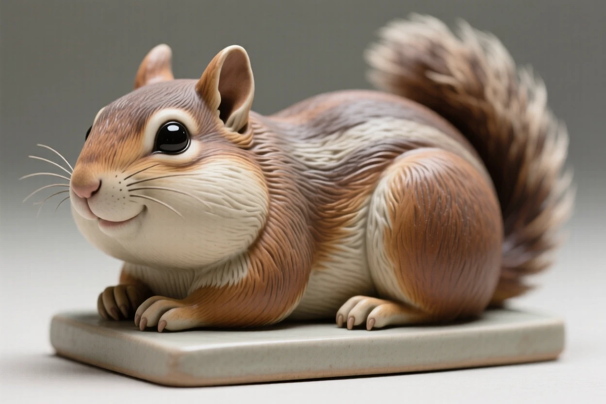 A chipmunk with puffed cheeks resting with paws tucked beneath its body, with a soft breeze lifting its fur, radiating warmth and tender innocence.