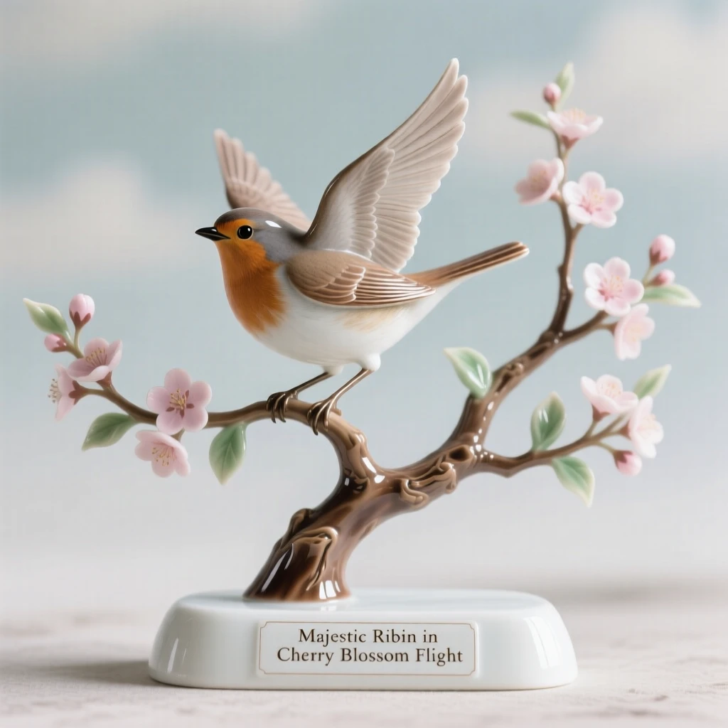 A majestic robin in a flowering cherry tree, caught mid-flight against a soft sky.