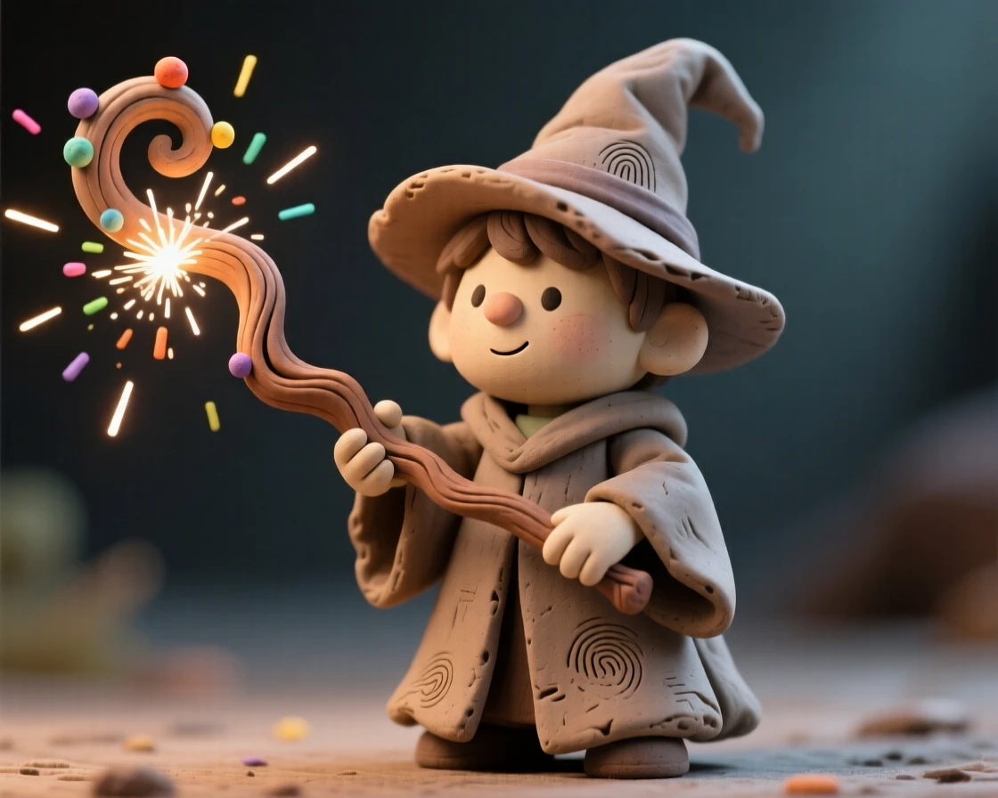 A tiny wizard apprentice casting sparks from an oversized wand