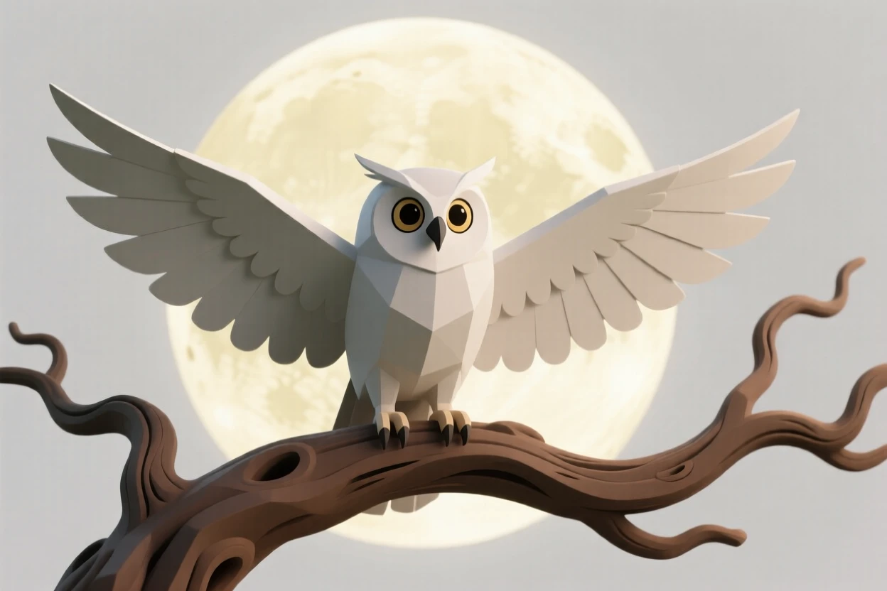 A proud eagle owl spreads enormous wings atop a gnarled tree branch under a full harvest moon.