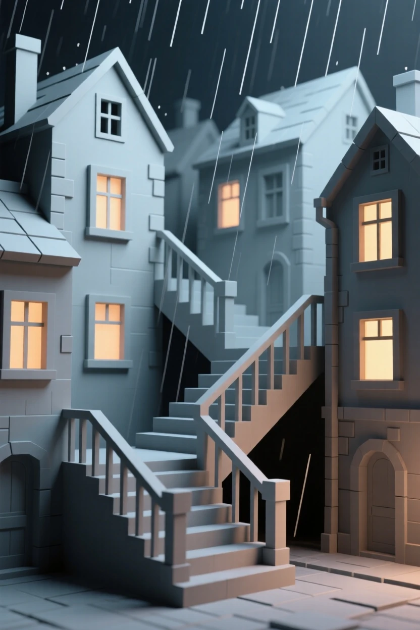 A grand staircase winding through a historic old town, under a gentle evening rain. warm window lights add a cozy glow to the scene. The atmosphere is peaceful and inviting.