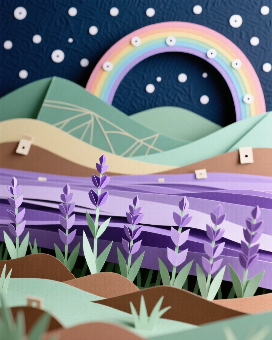 A glowing lavender field beneath rolling hills beneath a star-filled night sky, with a faint rainbow arching across the sky, conveying the quiet power of the natural world.