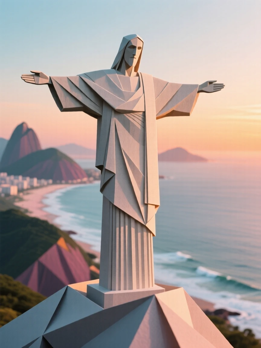 The Christ the Redeemer statue overlooking Rio de Janeiro's coastline at sunrise.