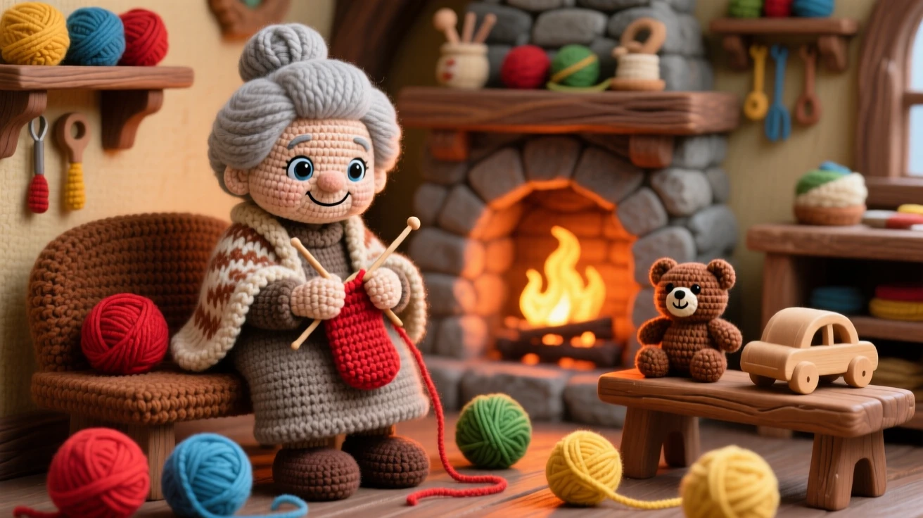 A charming scene of a gentle grandmother knitting mittens with balls of colorful yarn nearby, casting on stitches by a warm fire inside a sunlit workshop lined with wooden shelves; a small wooden toy left on a bench adds to the moment, full of comforting familiarity and small-town charm.