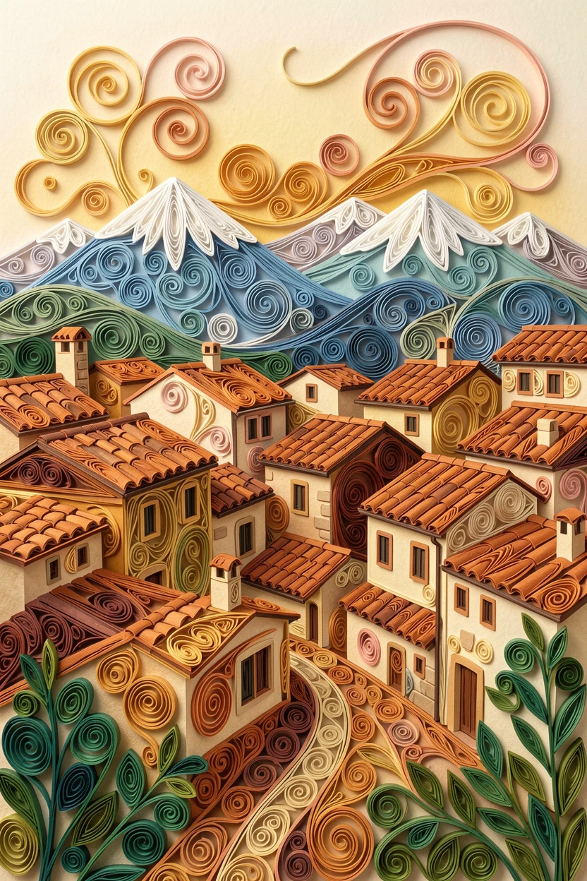 the rooftops of a Tuscan hill town at golden hour, framed by distant snow-capped mountains, captured with warm foreground details leading to the horizon, in warm golden and rose-colored sunset tones.