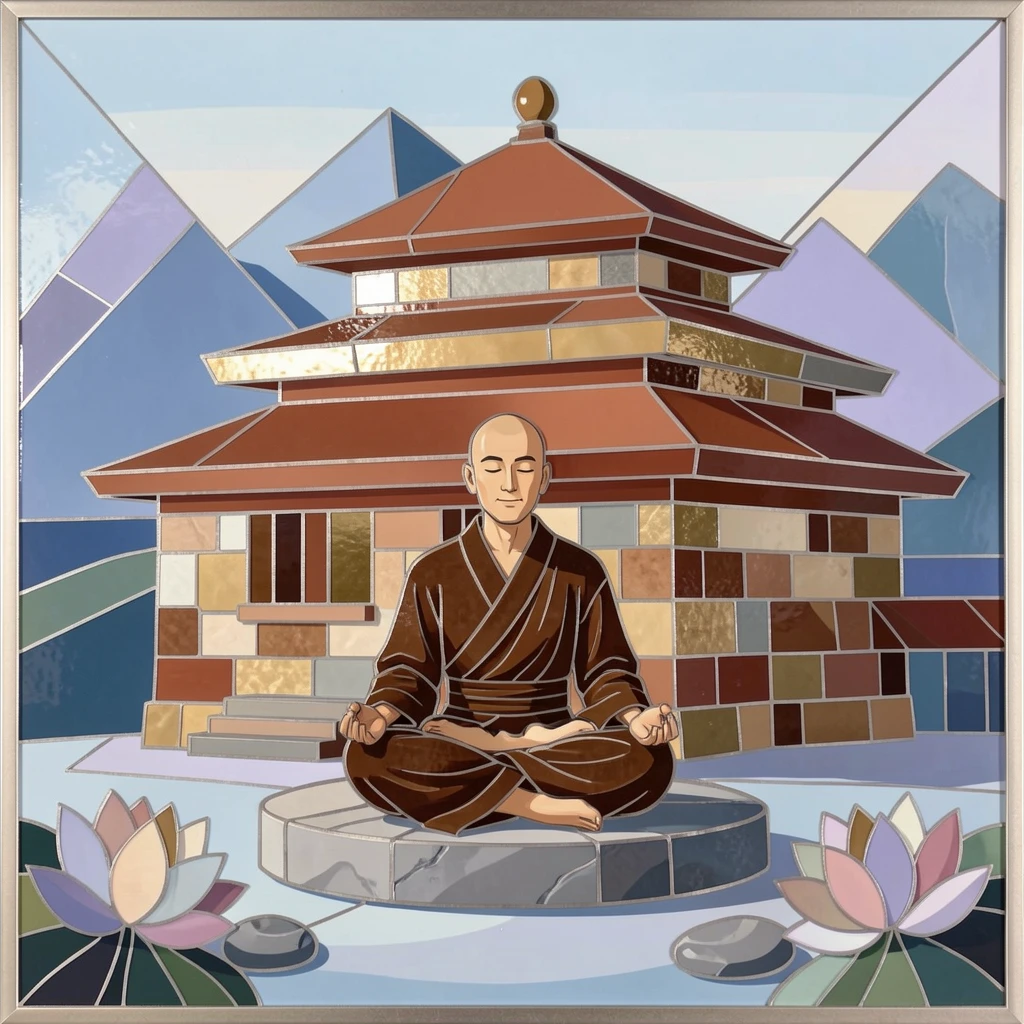 A monk meditating peacefully beside a tranquil mountain temple.