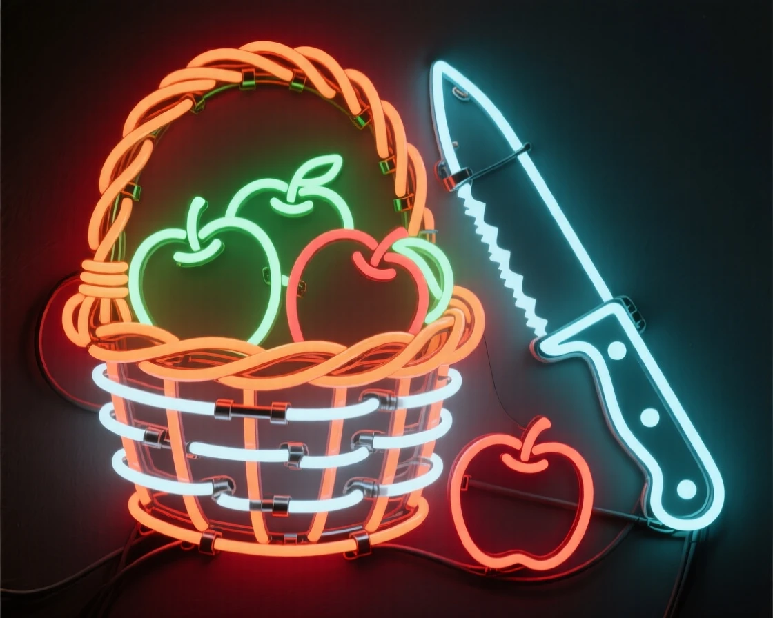 A rustic basket of freshly picked apples beside a paring knife.