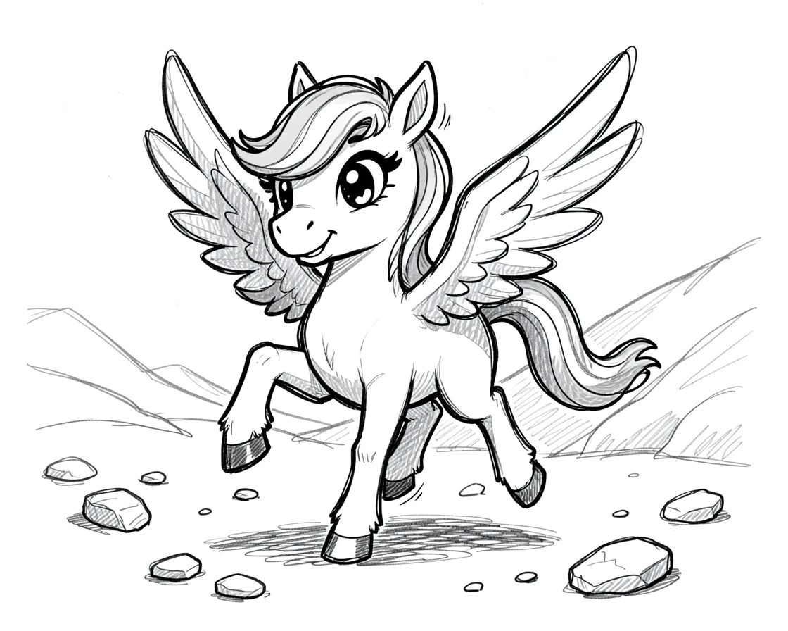 A rainbow-maned pegasus foal in a valley of floating stones.