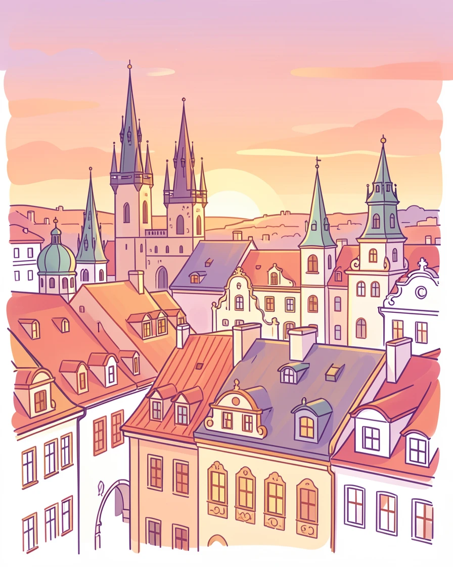 The vibrant rooftops and spires of Prague's Old Town at sunset.