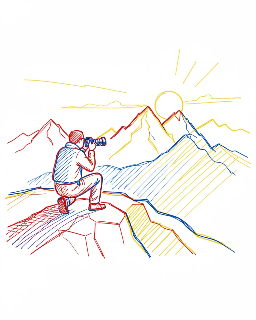 A photographer capturing a mountain sunrise from a rocky overlook