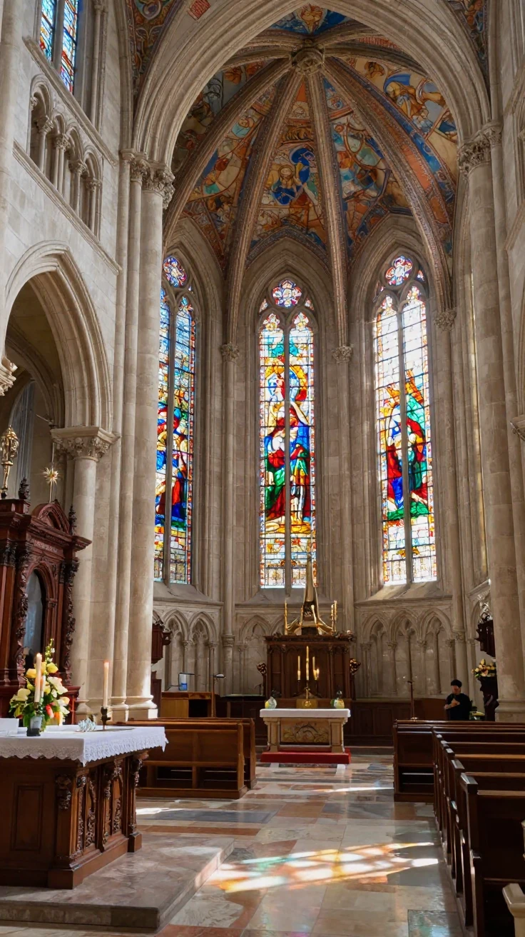 A grand cathedral interior with stained glass windows