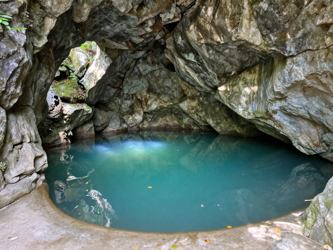 A hidden grotto pool glows turquoise from light filtering through a stone ceiling.