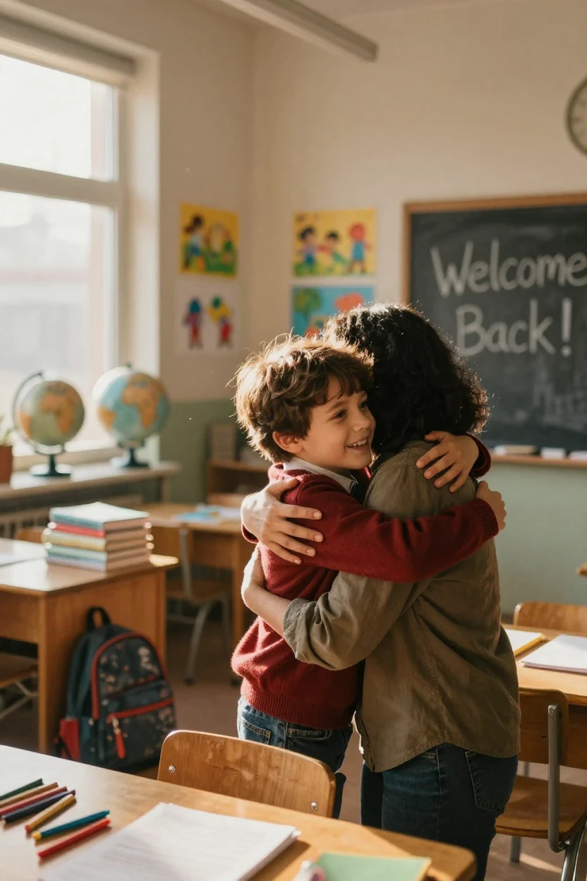 A little boy reuniting after a long time apart inside a warmly lit classroom