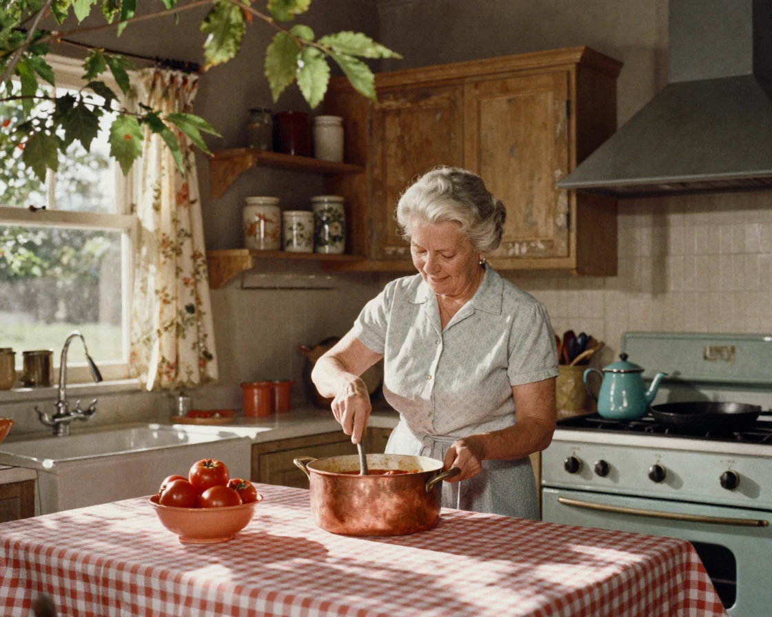 A grandmother stirring a pot of sauce in a rustic kitchen, in dappled light filtering through leaves, with a soft breeze stirring the air, in the height of summer, in vivid coral and turquoise hues, from a wide establishing view.