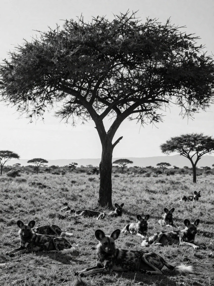 A pack of wild dogs rests in the shade of a lone tree beneath a solitary acacia tree.