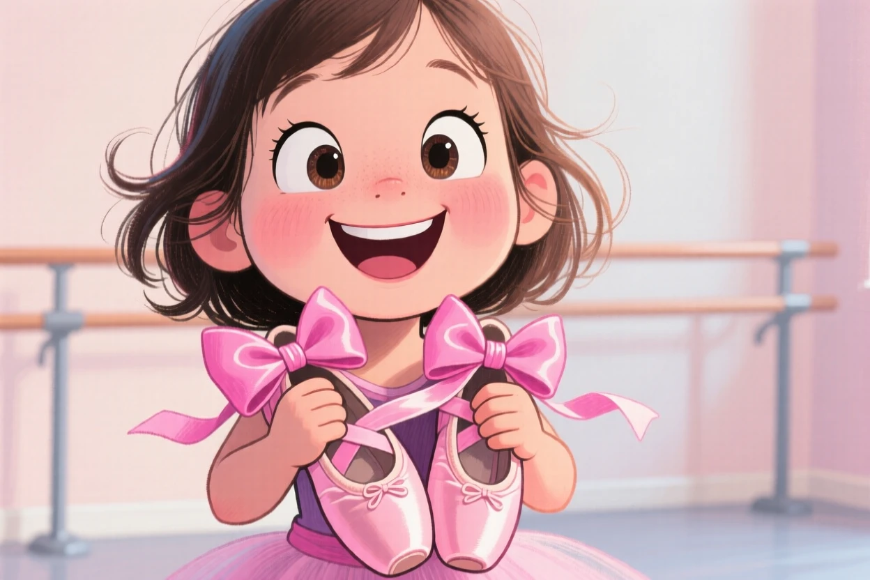 A young girl receiving her first pair of ballet shoes, clutching them to her chest.