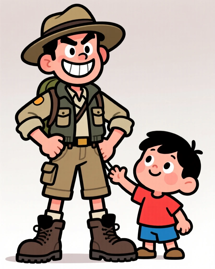 A charming portrait of a bold adventurer, striking a proud pose with hands on hips, with a small child tugging at their sleeve.