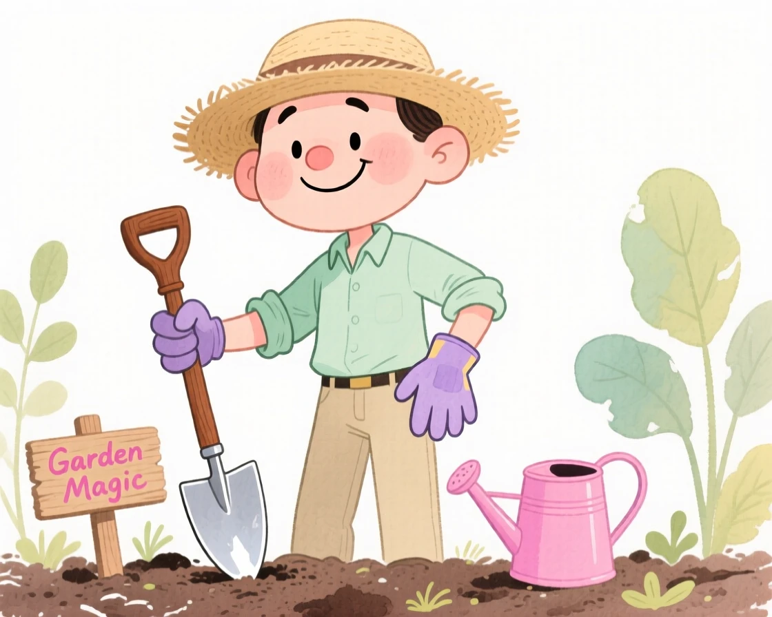 A gardener confidently at work, tools of the trade in hand