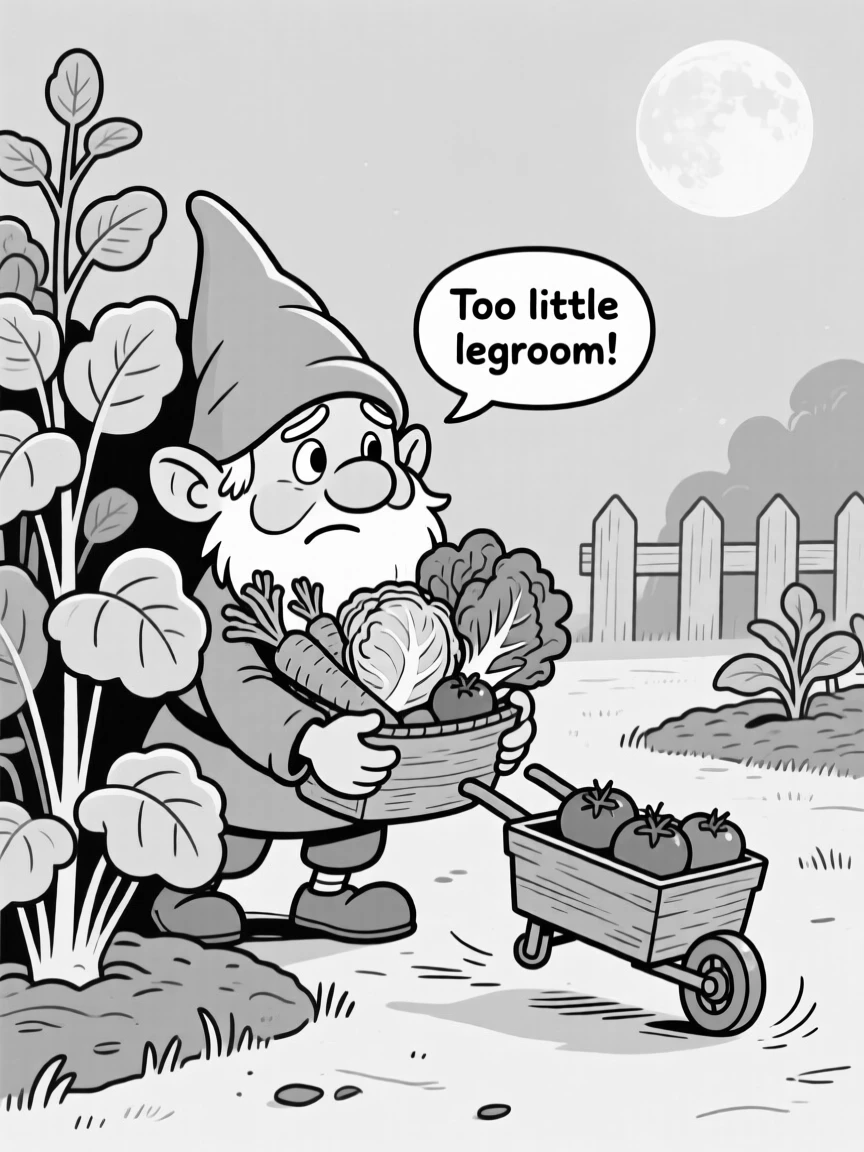 A mischievous gnome sneaking off with garden vegetables, poking its head out and grumbling about legroom, set in a moonlit vegetable garden. A tiny cart wheel spins uselessly in the air. The scene turns epic fantasy into pure charming comedy.