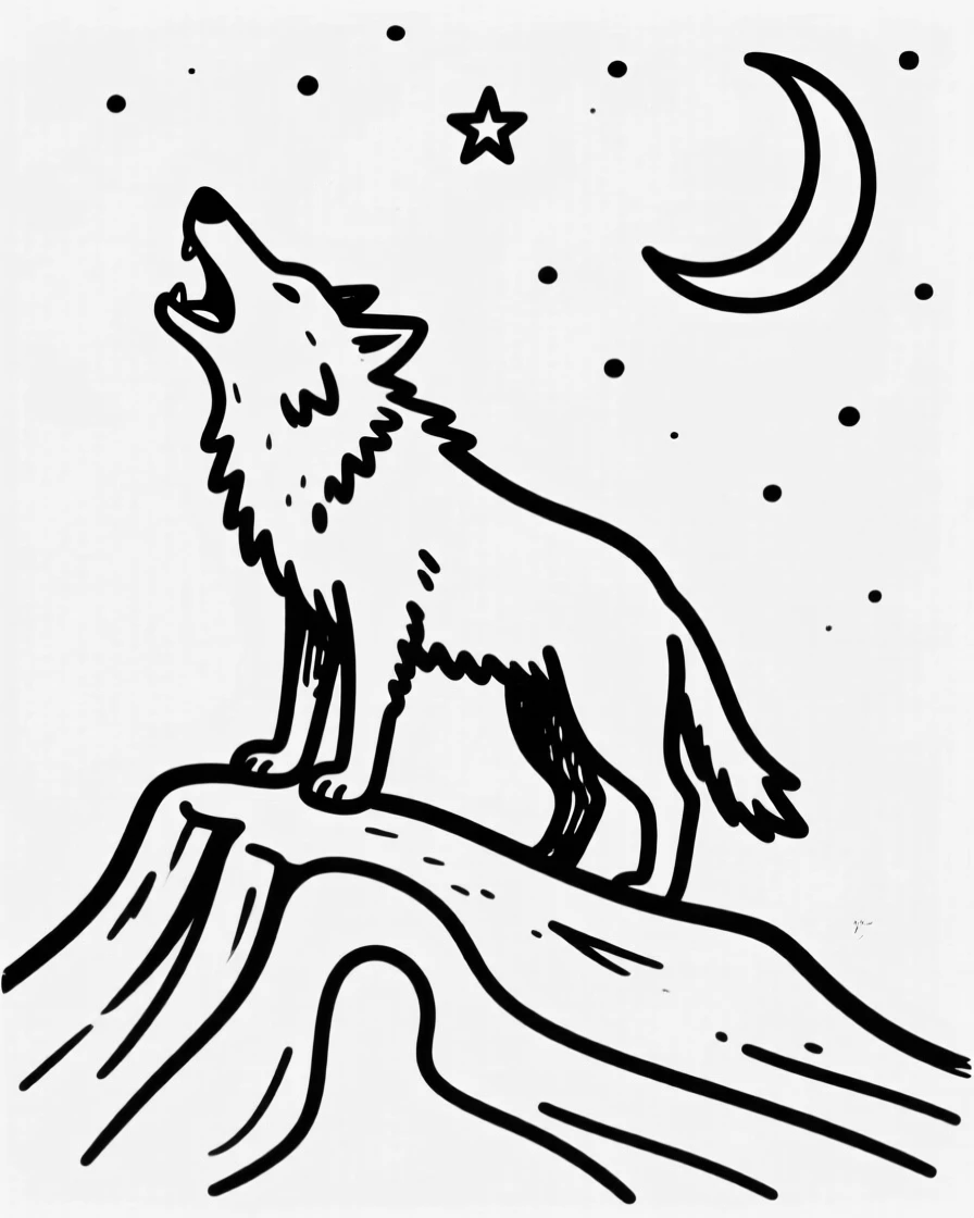 A wolf howling atop a moonlit ridge, silhouetted against a starry sky.