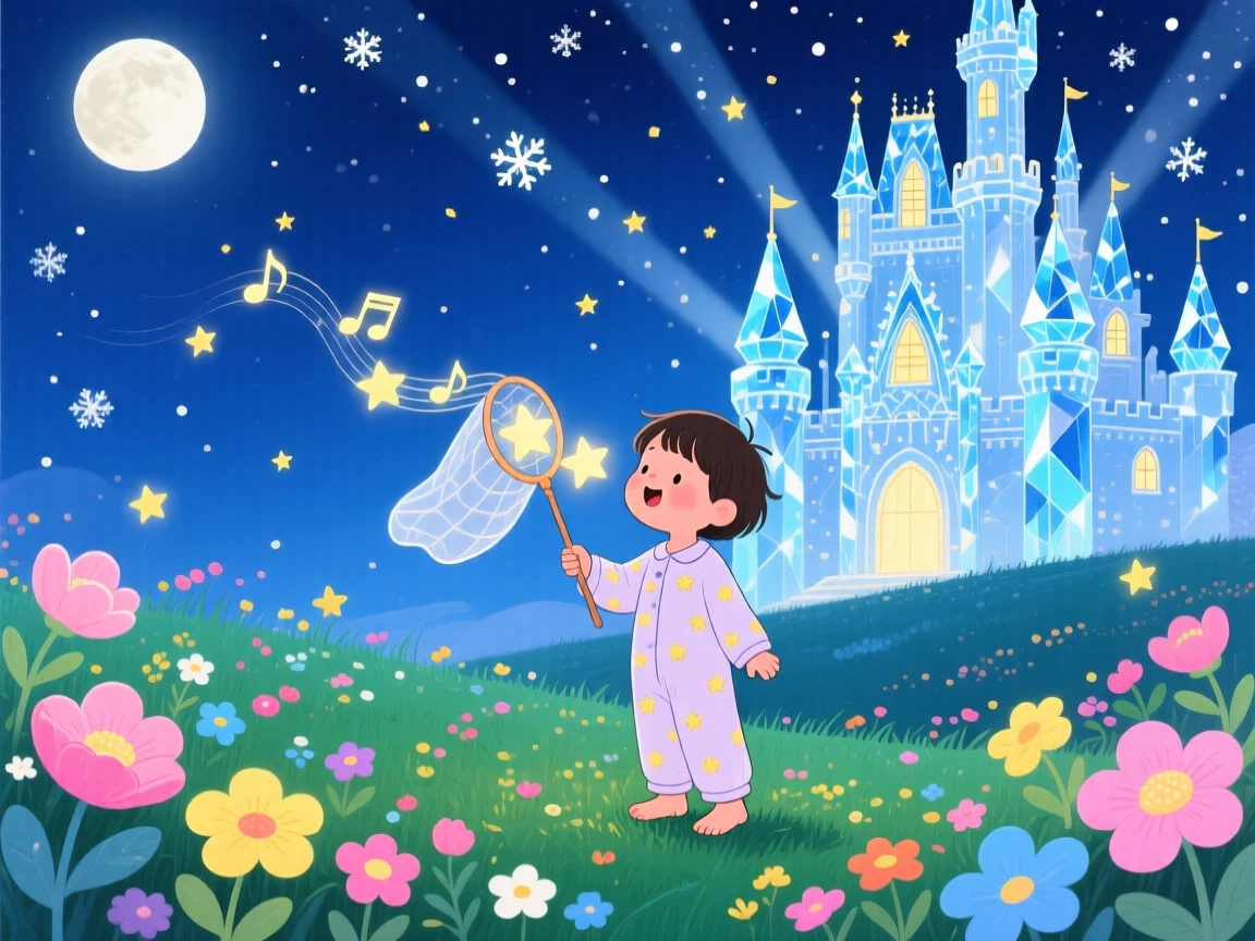 A star-catching child pauses from singing a lullaby that makes flowers bloom to marvel at a castle made of crystal, as tiny stars fall like snow.
