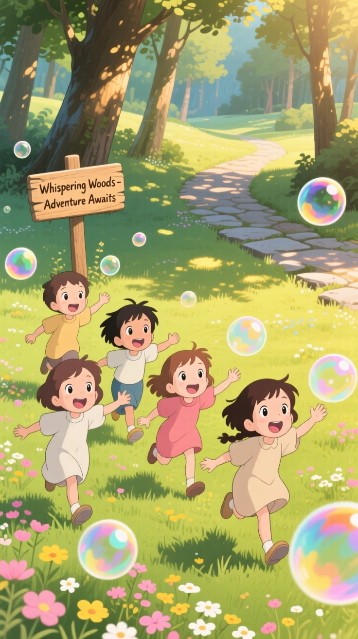 A group of children chasing bubbles across a sunny lawn, the moment warmly nostalgic.