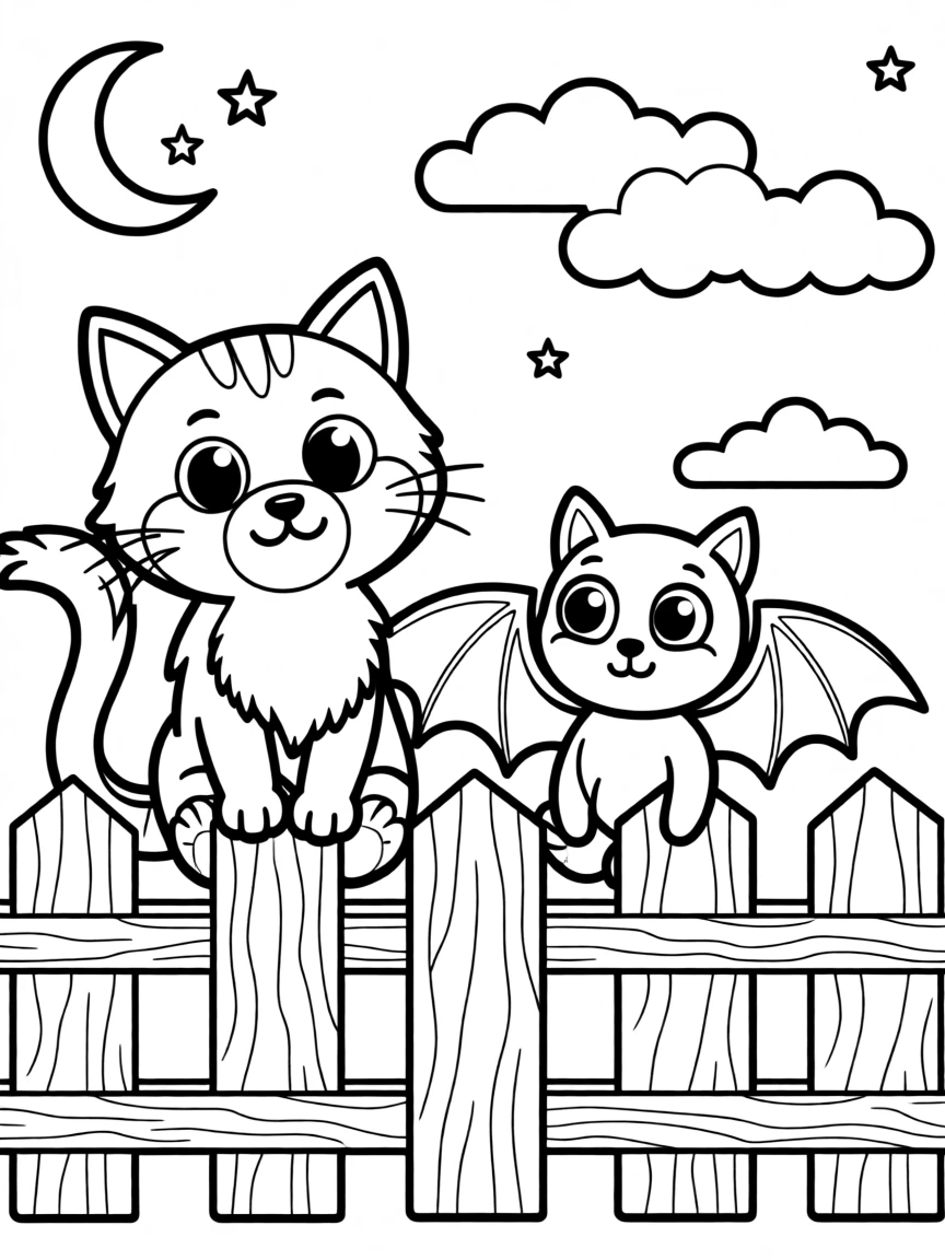 A spooky-cute black cat and friendly bat sitting on a fence at night