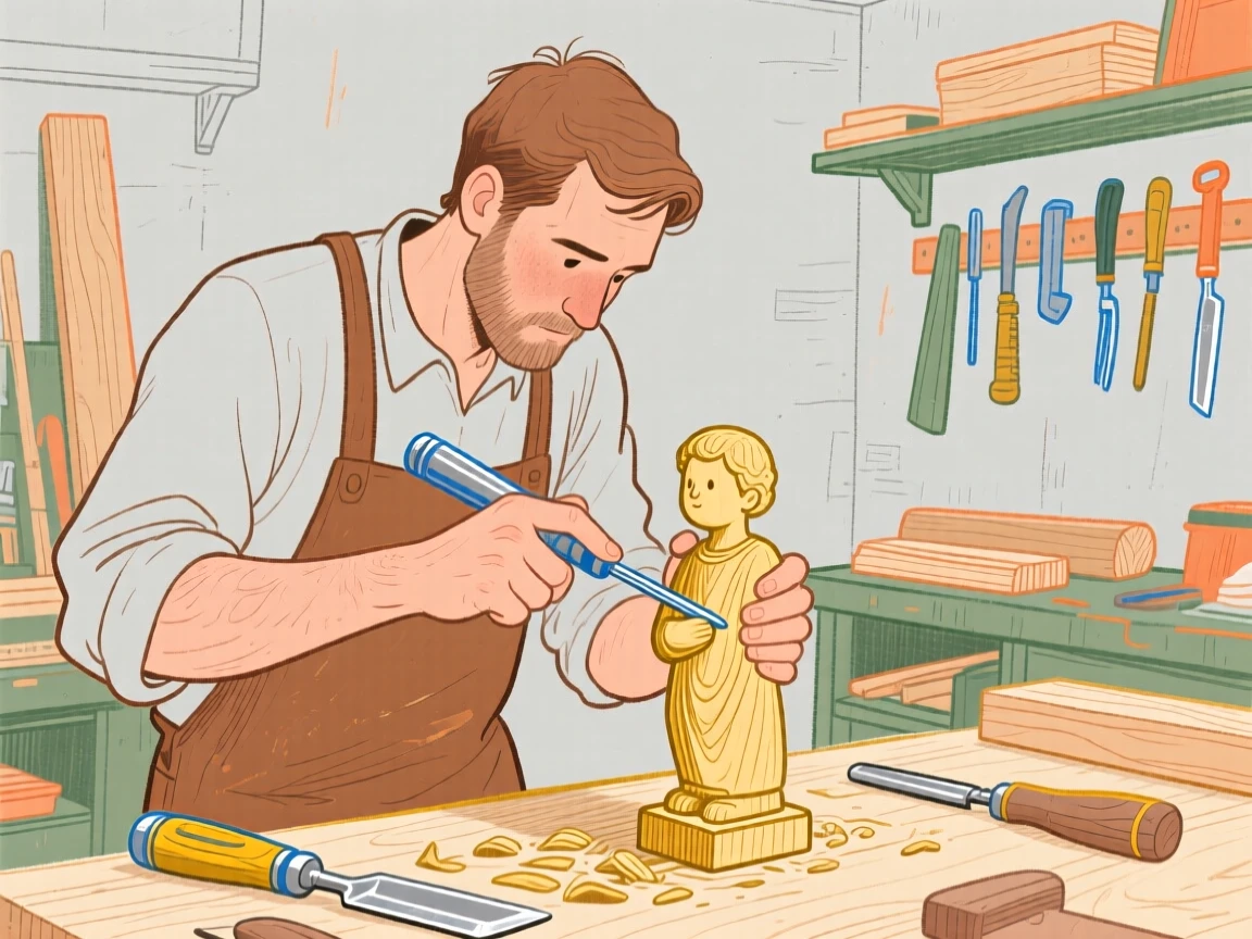 A woodworker carving a small figure in a workshop.