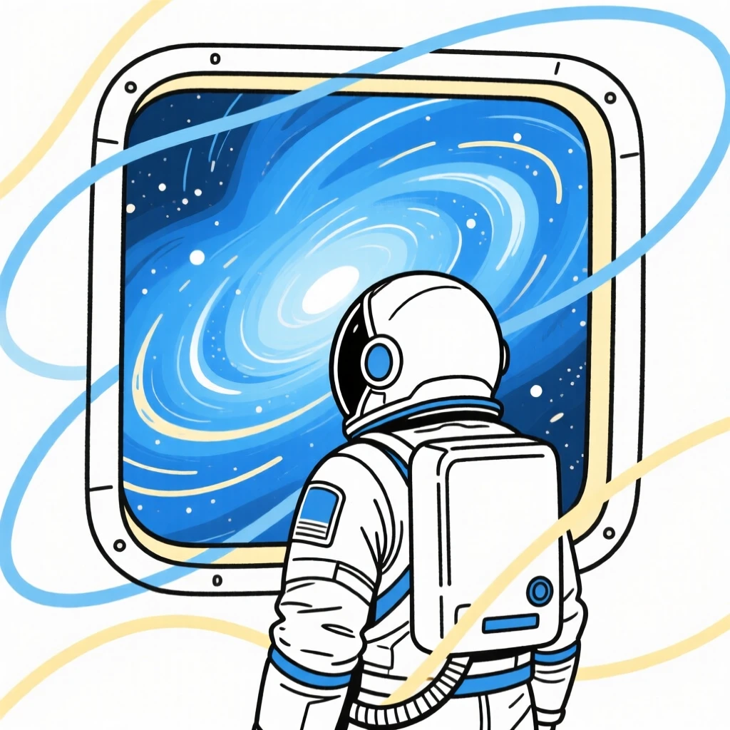 An astronaut looking out a spacecraft window at a swirling blue nebula.