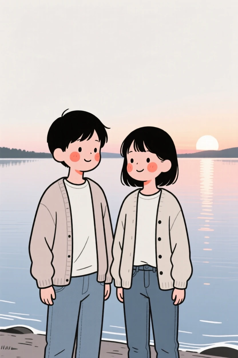 Close childhood friends in a soft cardigan and jeans, beside a calm lake at sunrise.
