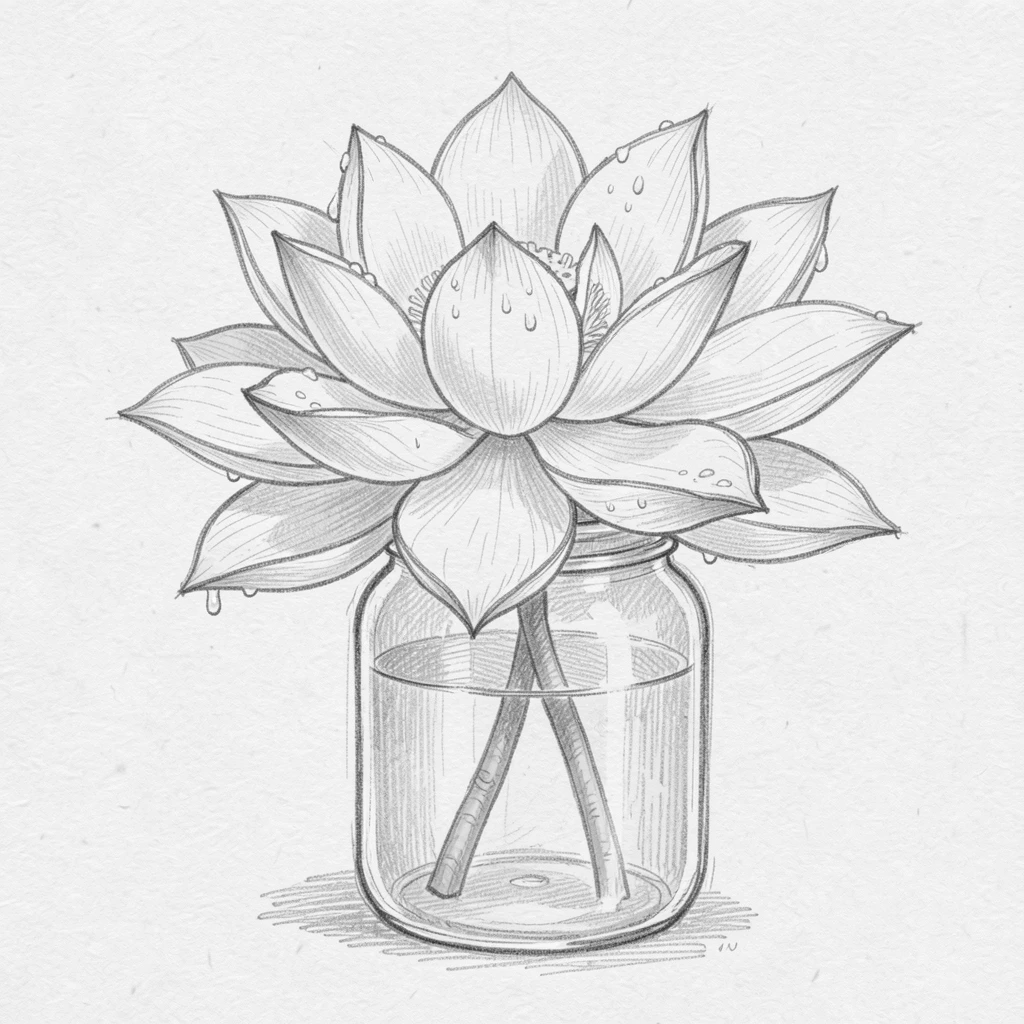 A giant blooming lotus flower in an antique glass jar, with tiny water droplets clinging to the petals.