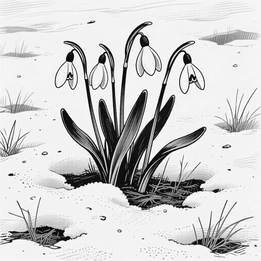 A cluster of snowdrops emerging through a light dusting of late winter snow.