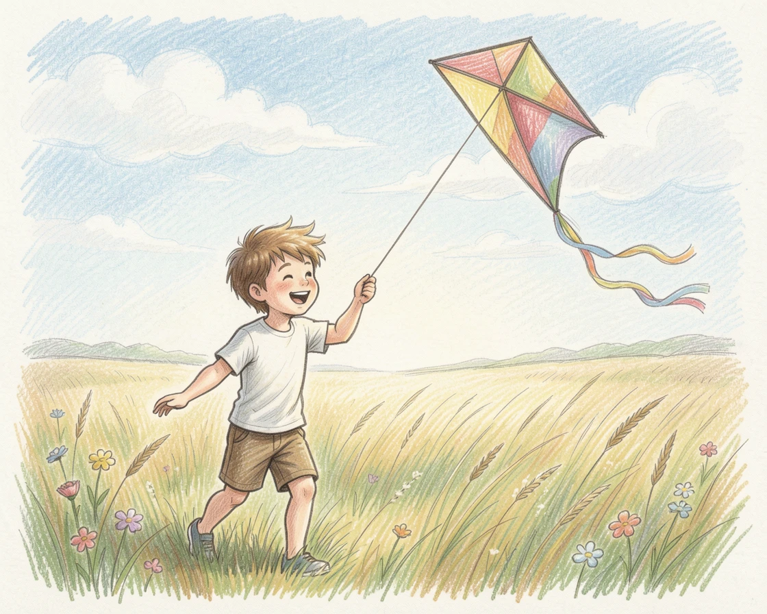 A young boy flying a kite in a windy, wide-open meadow, full of genuine laughter and playful energy, celebrating the simple magic of everyday family moments.
