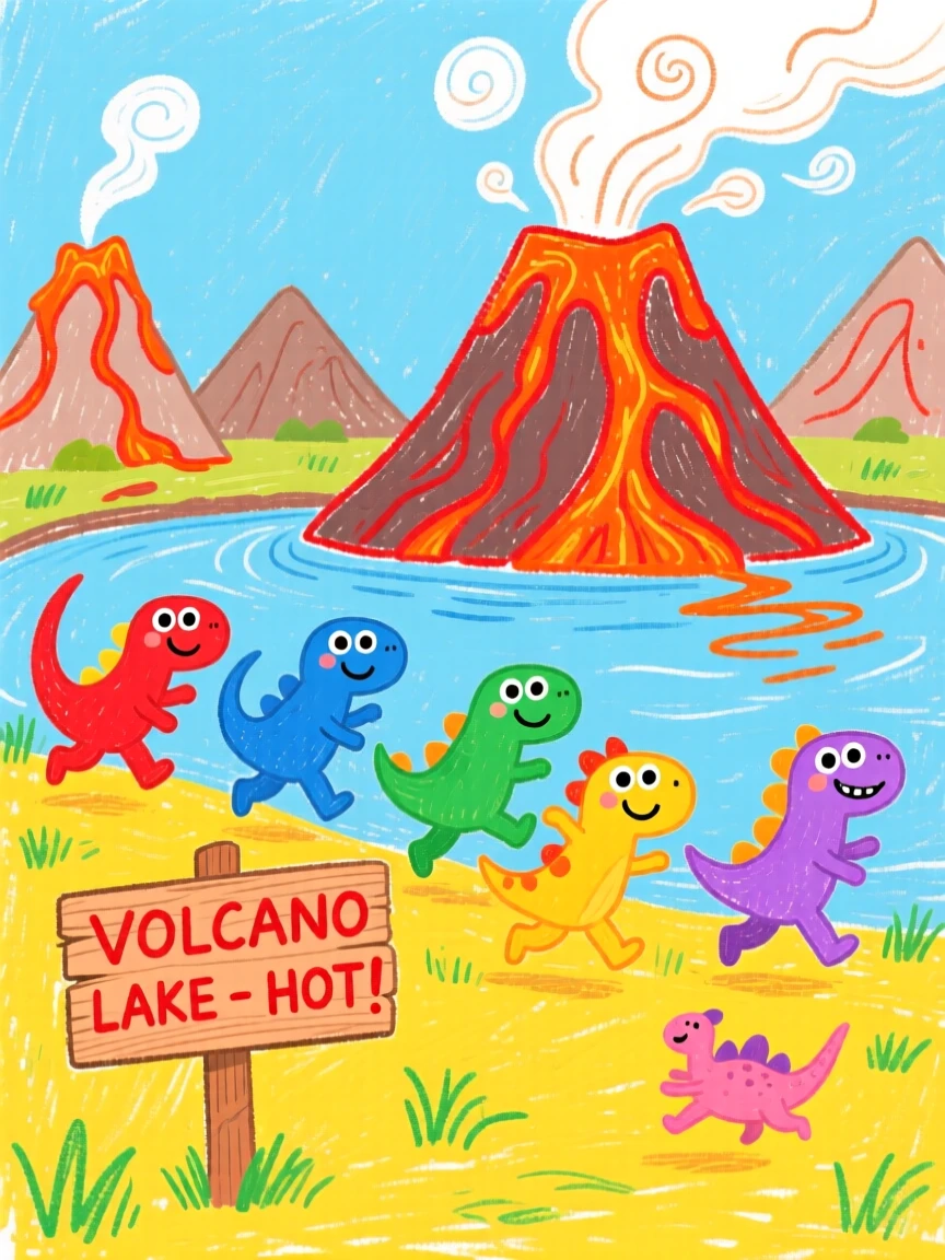 A playful pack of small compsognathus beside a steaming volcanic lake.