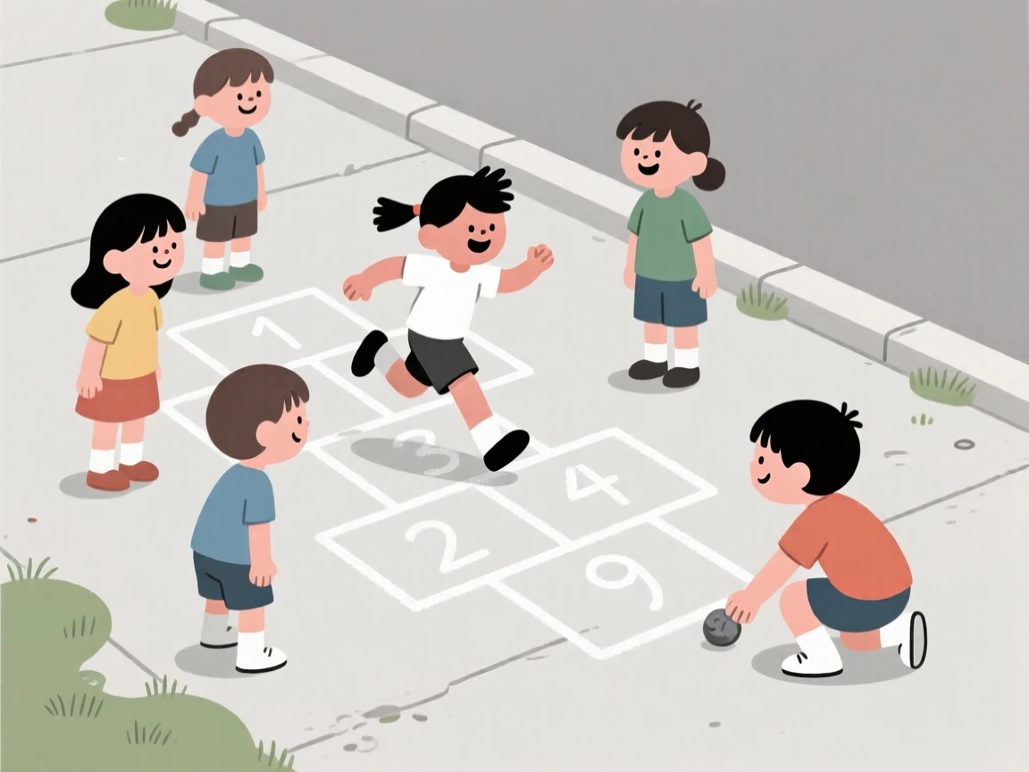 A group of children playing hopscotch on a chalk-drawn sidewalk.