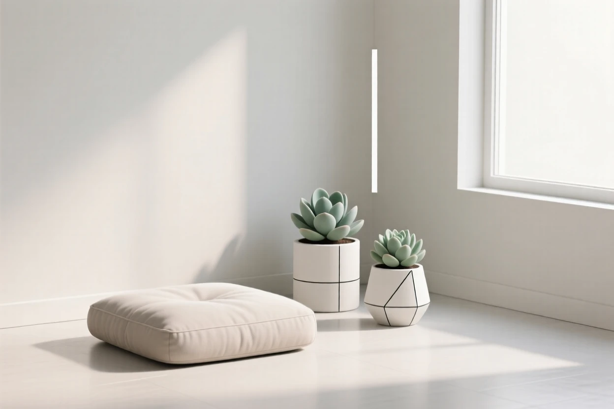 A morning scene of meditation corner resting in a modern townhouse beside potted succulents, radiating restful ease.