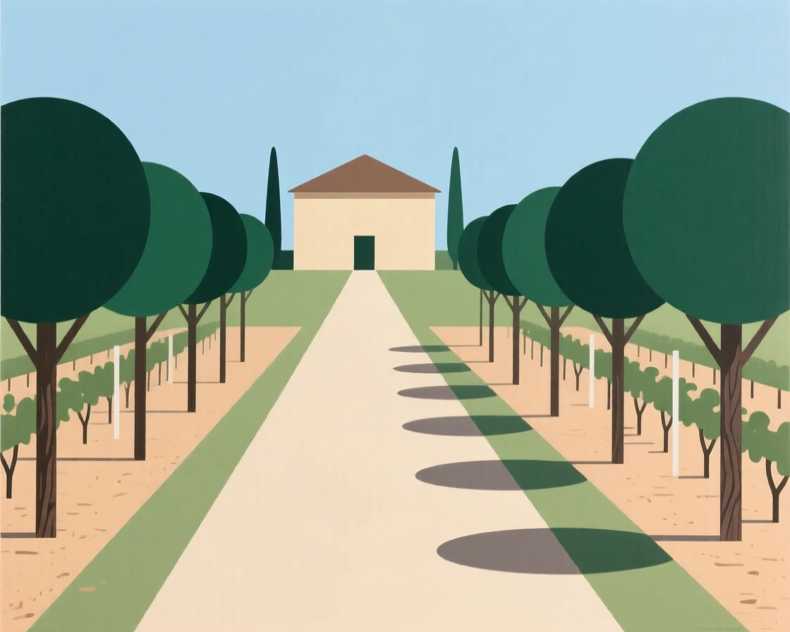 A vineyard estate with a long tree-lined driveway