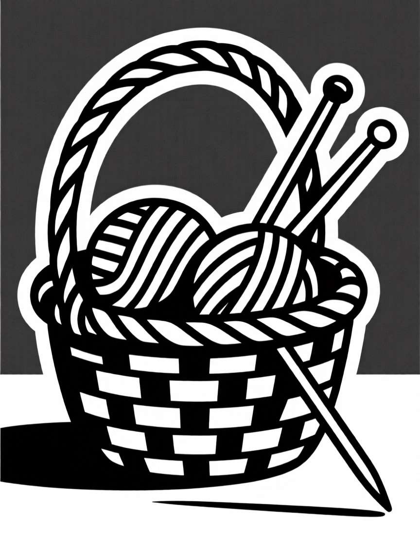 A woven basket of yarn beside knitting needles.