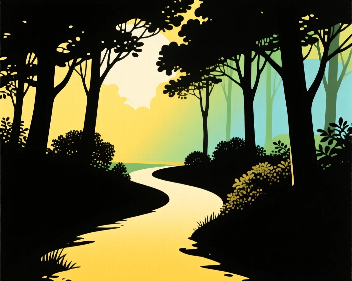 A sunlit path winding gently through a quiet, peaceful forest.