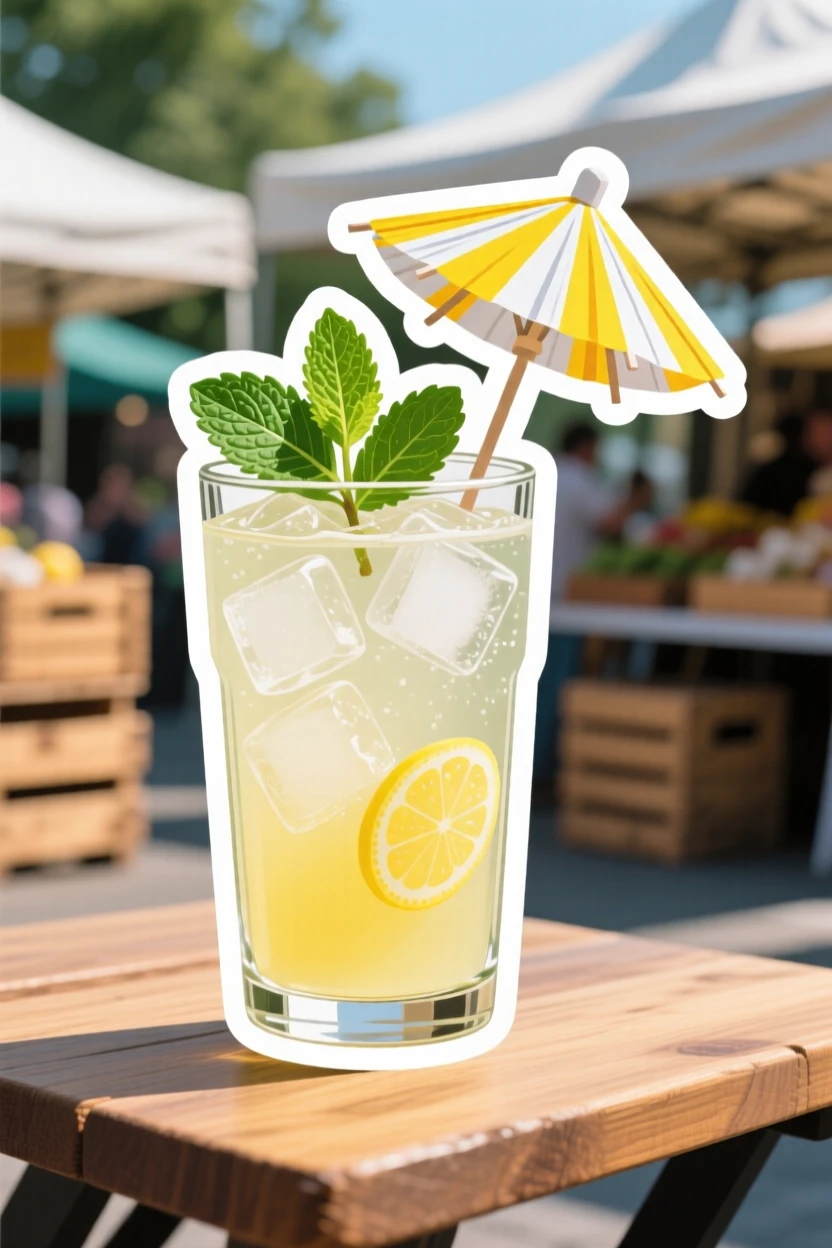 A delightfully sweet glass of iced lemonade with mint leaves, with a small flag or umbrella decoration on top, at an outdoor market stall.
