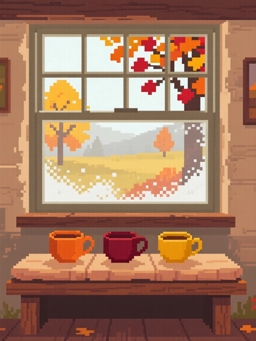 A window seat arranged with teacups and a fogged-up window, in a countryside cottage during autumn.