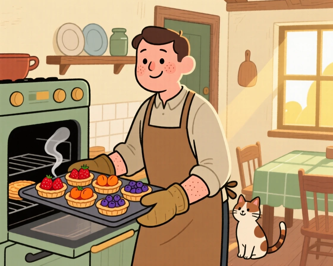 A father pulls a tray of fresh fruit tarts from the oven in a sunlit farmhouse kitchen, steam rising as a cat watches from the doorway.