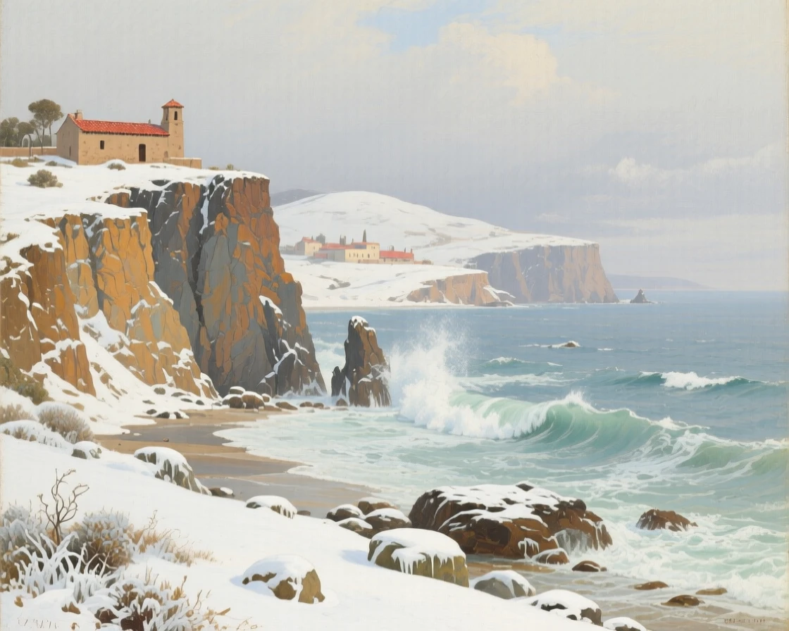 A broad landscape view of a rugged coastline where waves crash against tall cliffs, under a fresh blanket of winter snow, in colonial Mexico.