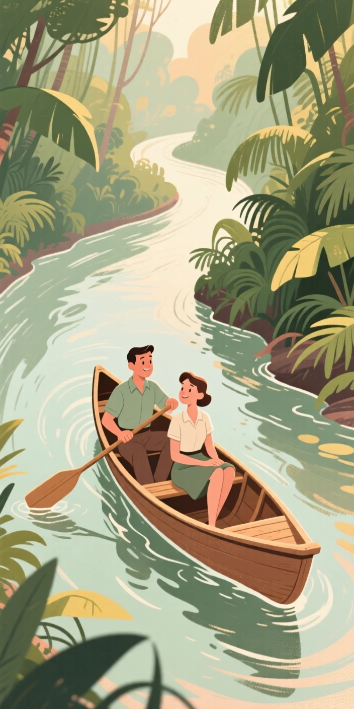 A canoe expedition paddling through a winding jungle river