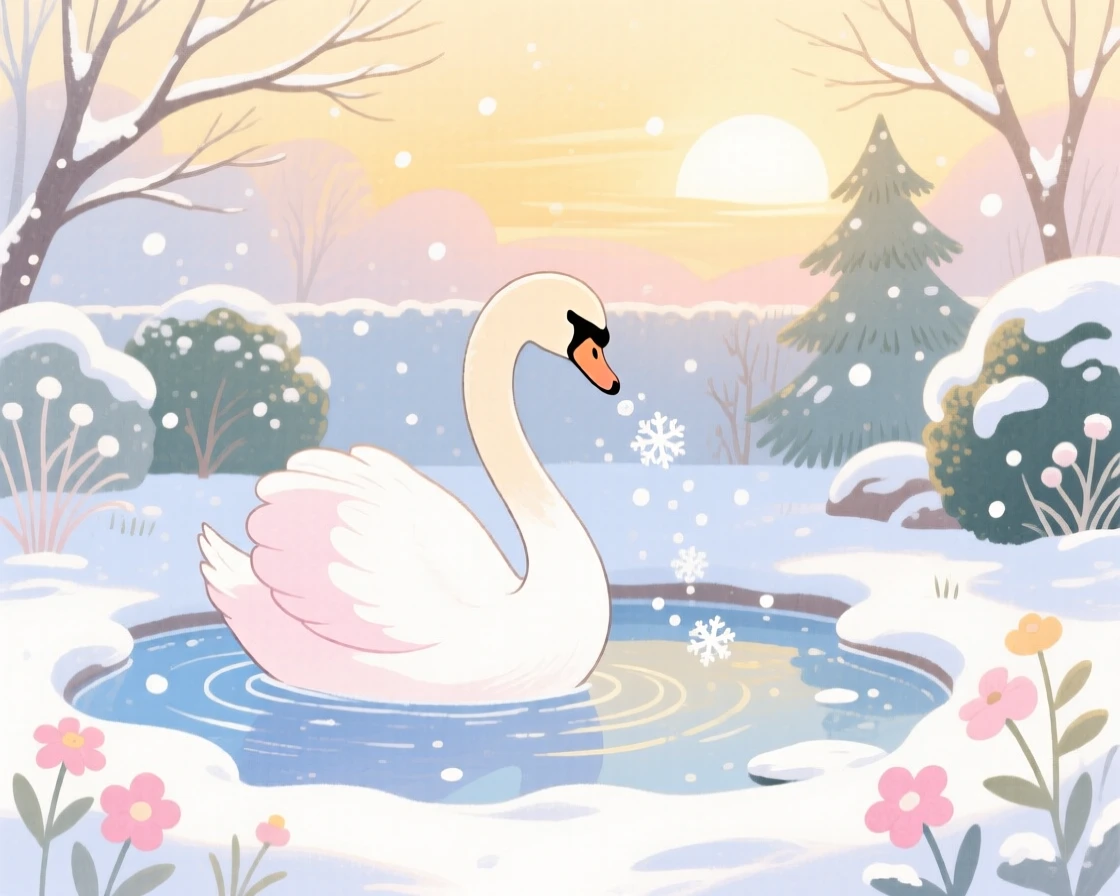 A graceful swan playing joyfully in a quiet garden at dawn in the first snow of winter.