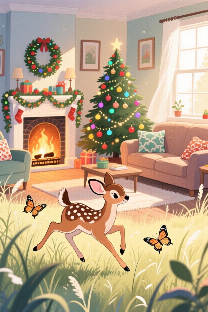 A spotted fawn chasing butterflies through tall grass, set in a snug living room decorated for the holidays, capturing a fleeting moment of quiet contentment.