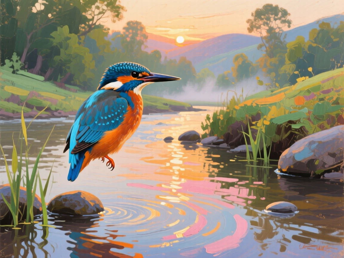 a kingfisher poised above a clear stream, at sunrise, with a clear foreground, subject, and distant setting.